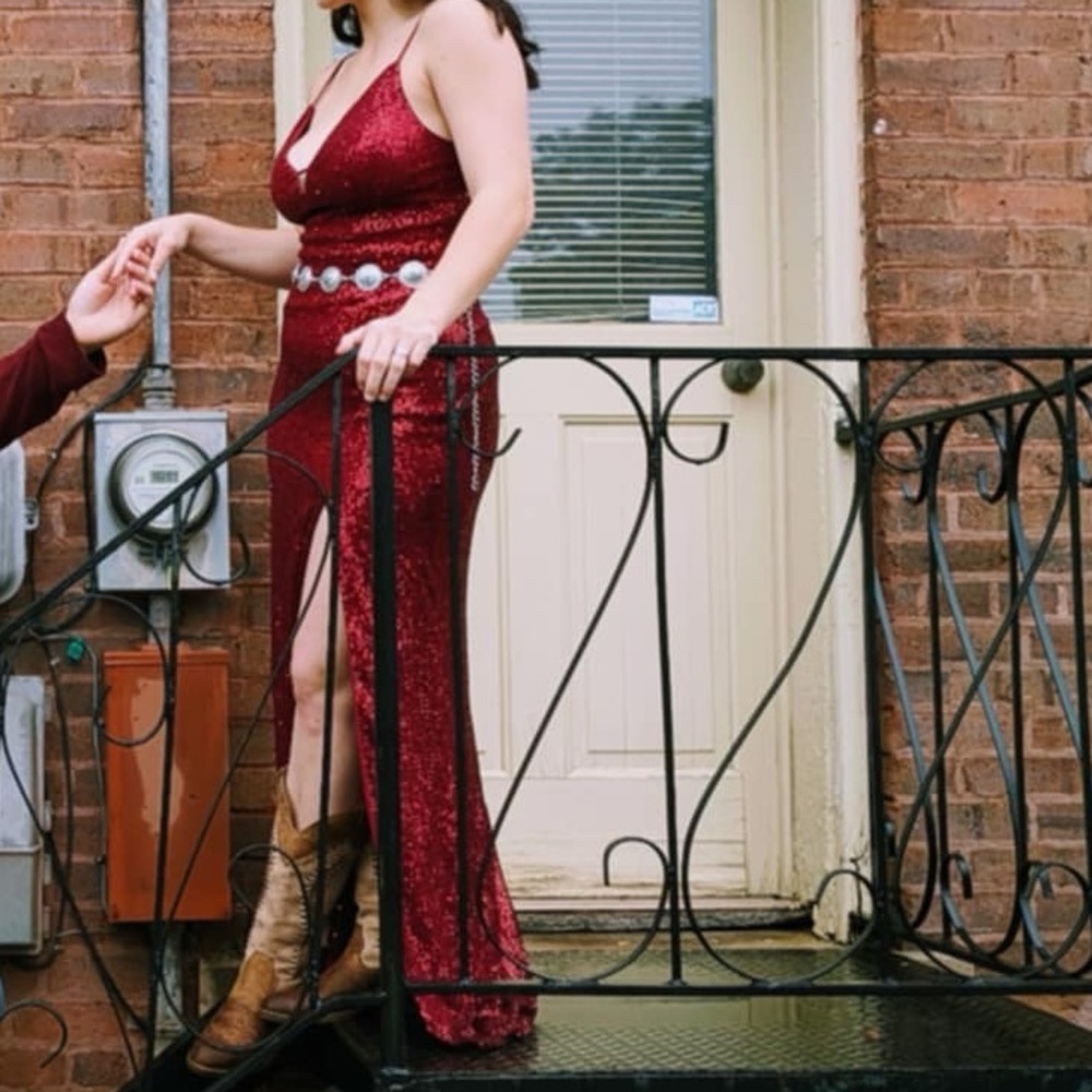 Red Sequin Gown with Slit